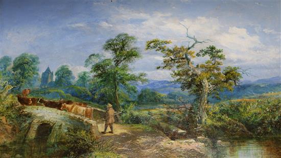 19th century English School Drover in a landscape 12 x 18in., unframed